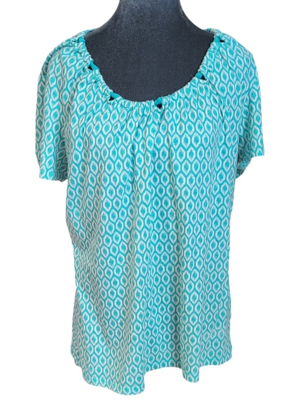 Just My Size Turquoise & White Print Top Size 1X